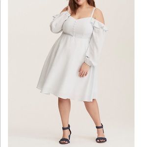 BLUE WHITE STRIPED COLD SHOULDER CHALLIS DRESS